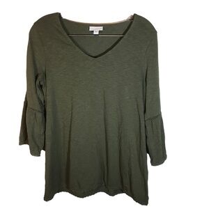 J Jill women’s V-neck 3/4 sleeve top army green size S bell sleeve buttons